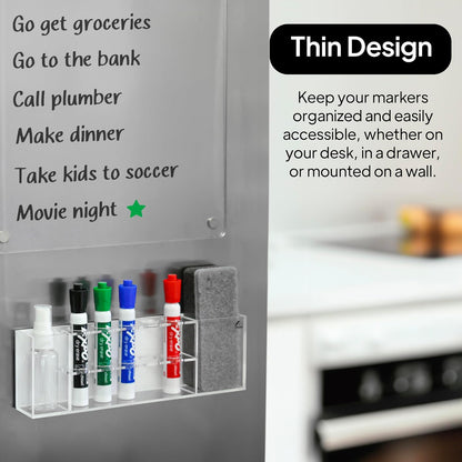 Slim Magnetic Dry Erase Marker Holder for Whiteboard, Space Saving Pen Organizer with Glass and Wall Mount Accessories for Fridge, Office, and School. Markers, Eraser, Cleaner Not Included (Clear)
