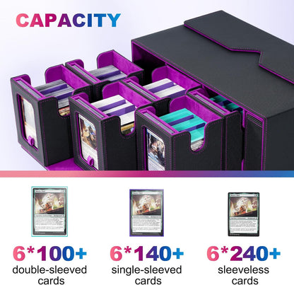 Commander Deck Box for MTG, 6-Deck Modular Card Case with Dice Tray Holds 600+ Double-sleeved Cards, Removable Trading Cards Storage Box with 35PT Magnetic Card Holders for TCG, Black Purple