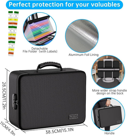 Fireproof Document Organizer Bag with Lock, 13 Labeled Pockets & Passport Pouch – Waterproof File Folder for Home, Office & Travel
