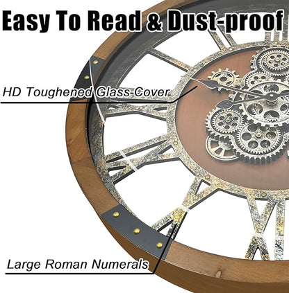 DORBOKER 27" Original Moving Gears Wall Clock, Large Industrial Wall Clock for Living Room Decor, Retro Metal Solid Wood Vintage Farmhouse Steampunk Rustic Clocks for Wall Decor,Brown Nanmu
