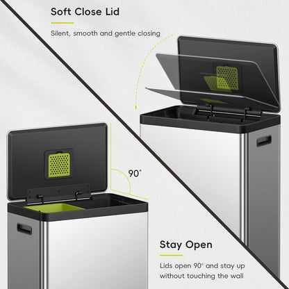 EKO EcoCasa II Rectangular Kitchen Step Trash Can, 20L+20L Dual Compartment Recycling Bins, Stainless Steel Lid and Pedal, Odor-Proof, Fingerprint Resistant