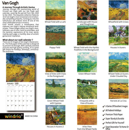 2025 Wall Calendar,Calendar 2025, January 2025 - December 2025, Wall Calendar Vincent van Gogh Painting, 12" x 24" Opened,Full Page Months Thick & Sturdy Paper for Calendar Organizing & Planning