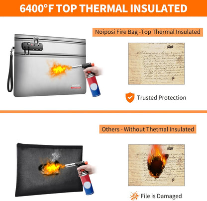 Noiposi 6400℉ Fireproof Document Bag with Lock,Dual-Zip Compartments Fireproof Money Bag for Cash and Documents,12 Layers Heat Insulated Fireproof Bag with Zipper,Protects Important Valuables(Silver)