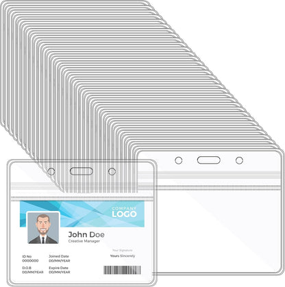 Happy Trees Badge Holder Horizontal ID Card Protector, Name Tag Badge Holders with Resealable Zip, Clear PVC Plastic Sleeves, Pass Case Credential Pouch for Office, School (50 Pack)