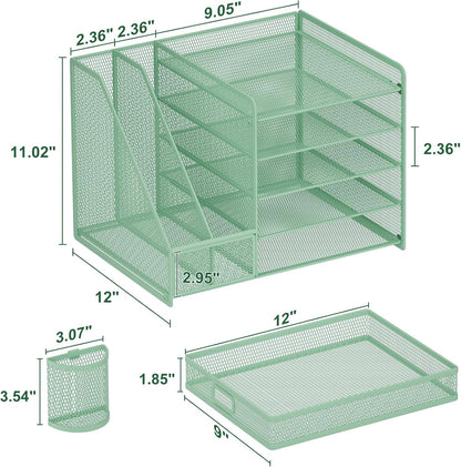 Marbrasse Desk Organizer with File Holder, 5-Tier Paper Letter Tray Organizer with Drawer and 2 Pen Holder, Mesh Desktop Organizer and Storage with Magazine Holder for Office Supplies (Green)