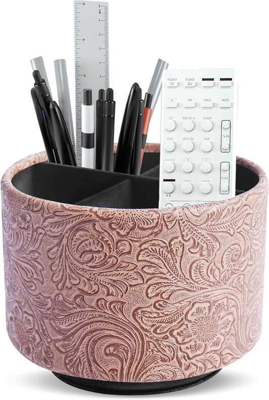 lizimandu Round Leather Art Supply Organizer,Remote Control Holder,360 Degree Spinning,Multi-Functional Pencil Holder,4 Compartments Desktop Stationary Organizer(1-Carved Wood Beige)