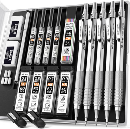 Nicpro Metal Mechanical Pencil Set, 5 PCS Art Drafting Pencils 0.3, 0.5, 0.7, 0.9 mm & 2mm Graphite Lead Holder For Sketching Drawing With 9 Tubes (4B 2B HB 2H Colors) Lead Refills Erasers Case