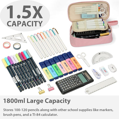 Pencil Case Pouch Box Bag School Supplies Girls Boys Kids, Cute Preppy Stuff Large Big Capacity Aesthetic Pen Organizer, Back to College Stationary, Light Pink, Standard Stlye, 1800ml