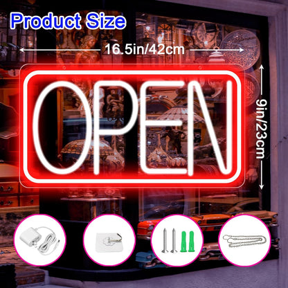 16.5" X 9" Led Neon Open Signs for Business Ultra Bright Plug In Electric Light Up Open Signs with ON/OFF Switch and 12V/2A AC Adapter for Storefront Window Bar Salon Coffee Stores (Red/White)