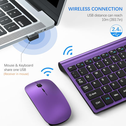 Wireless Keyboard and Mouse Ultra Slim Combo, TopMate 2.4G Silent Compact USB 2400DPI Mouse and Scissor Switch Keyboard Set with Cover, 2 AA and 2 AAA Batteries, for PC/Laptop/Windows/Mac-Purple Black