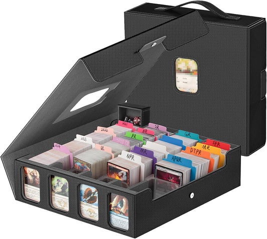 3200+ Trading Card Storage Box with Commander Display, 4 Row Card Deck Box with Portable Handle, Compatible for TCG/MTG/Magic Cards, 30 Colorful Divider, 8 Supporters, US Design Patent (Black&Grey)