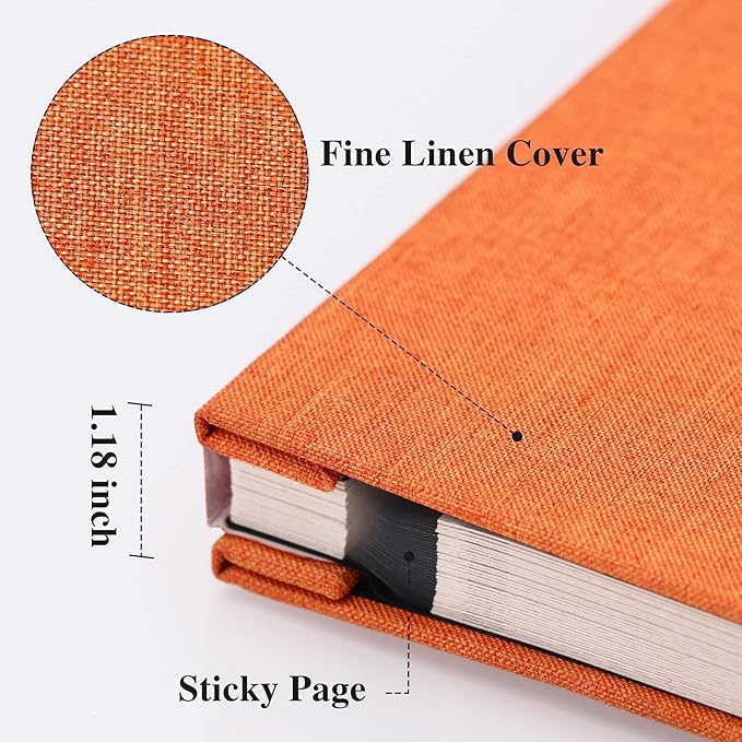 Vienrose Large Photo Album Self Adhesive for 4x6 8x10 Pictures Linen Scrapbook Album DIY 60 Blank Pages with A Metallic Pen Orange