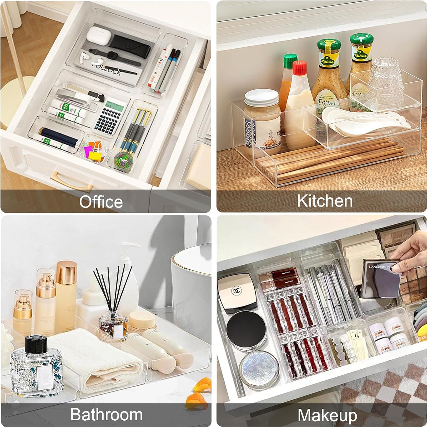 Stackable Acrylic Drawer Organizer Set, 18 PCS Multi-Size Storage Bins for Makeup, Office Desk, Bathroom, Vanity and Kitchen Utensils