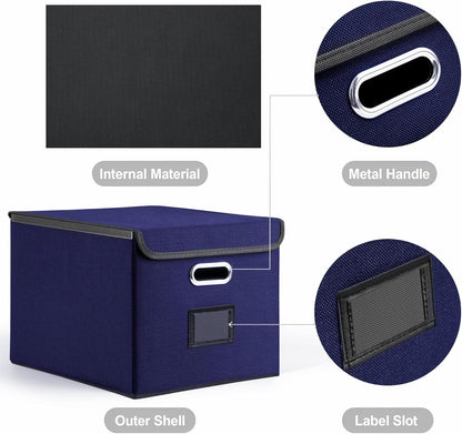 File Organizer Box, Linen Filing Organizer with Lid, Large Desktop File Boxes, Dark Blue,2 Pack