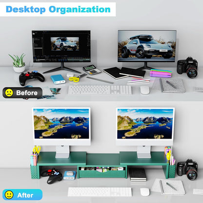 Spacrea Metal Desk Organizers and Accessories, Dual Monitor Stand Riser with Drawer and 2 Pen Holders, Desk Accessories & Workspace Desktop Organizers for Office Supplies (Dark Gree)