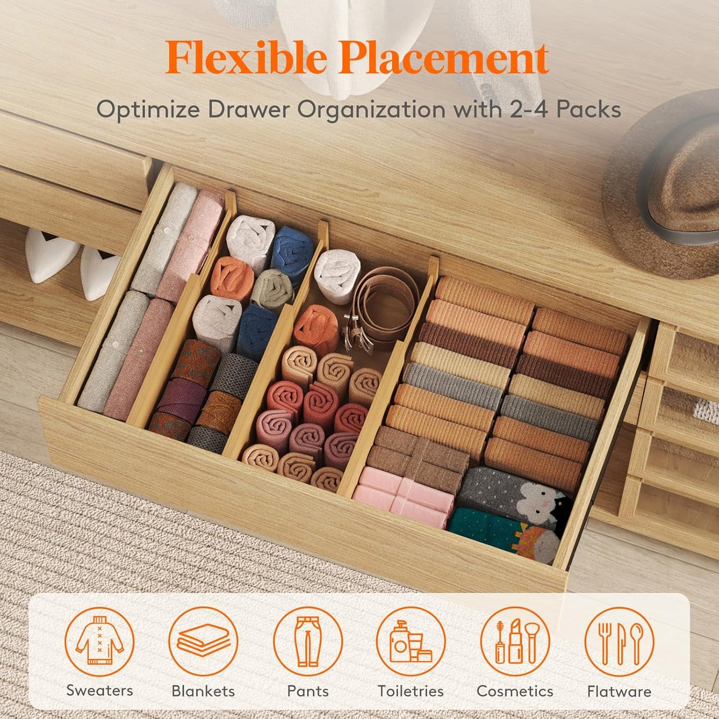 Lifewit 4 Pack Drawer Dividers Bamboo 6" High, 11-17" Adjustable Drawer Organizers for Clothes, Expandable Dresser Separators in Bedroom/Bathroom/Kitchen/Fridge/Office Organization and Storage