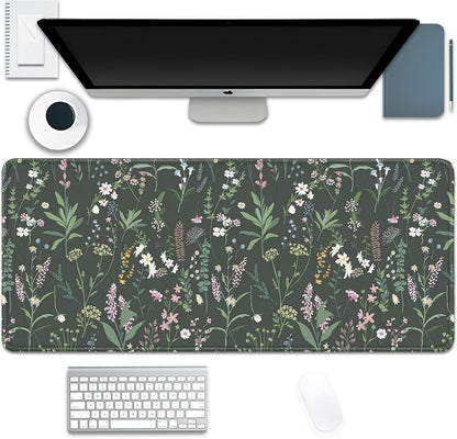 Green Plant Floral Mouse Pad,Large Flowers Mousepad Desk Pad with Stitched Edges,Non-Slip Waterproof Rubber Base Mouse Mat for Office Computer Keyboard Laptop Home(27.5x11.8 in)