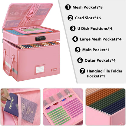 DocSafe File Box with Lock,Multi-Layer Fireproof Document Box Collapsible File Storage Organizer with Pockets/Handle,Large Portable Home Office Filing Safe for Hanging Letter/Legal Size Folders,Pink