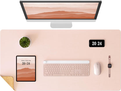 Aothia Double-Sided Desk Pad – 37.8"x17" Leather Desk Mat with Eco Cork Protector, Large Mouse Pad, Waterproof Desk Blotter for Office/Home (Pink)
