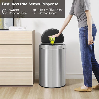 EKO Mirage Semi-Round Motion Sensor Trash Can, 47 Liter / 12.4 Gallon Automatic Large Kitchen Trash Can with Deodorizer Compartment, Removable Lid and Bucket, Matte Stainless Steel