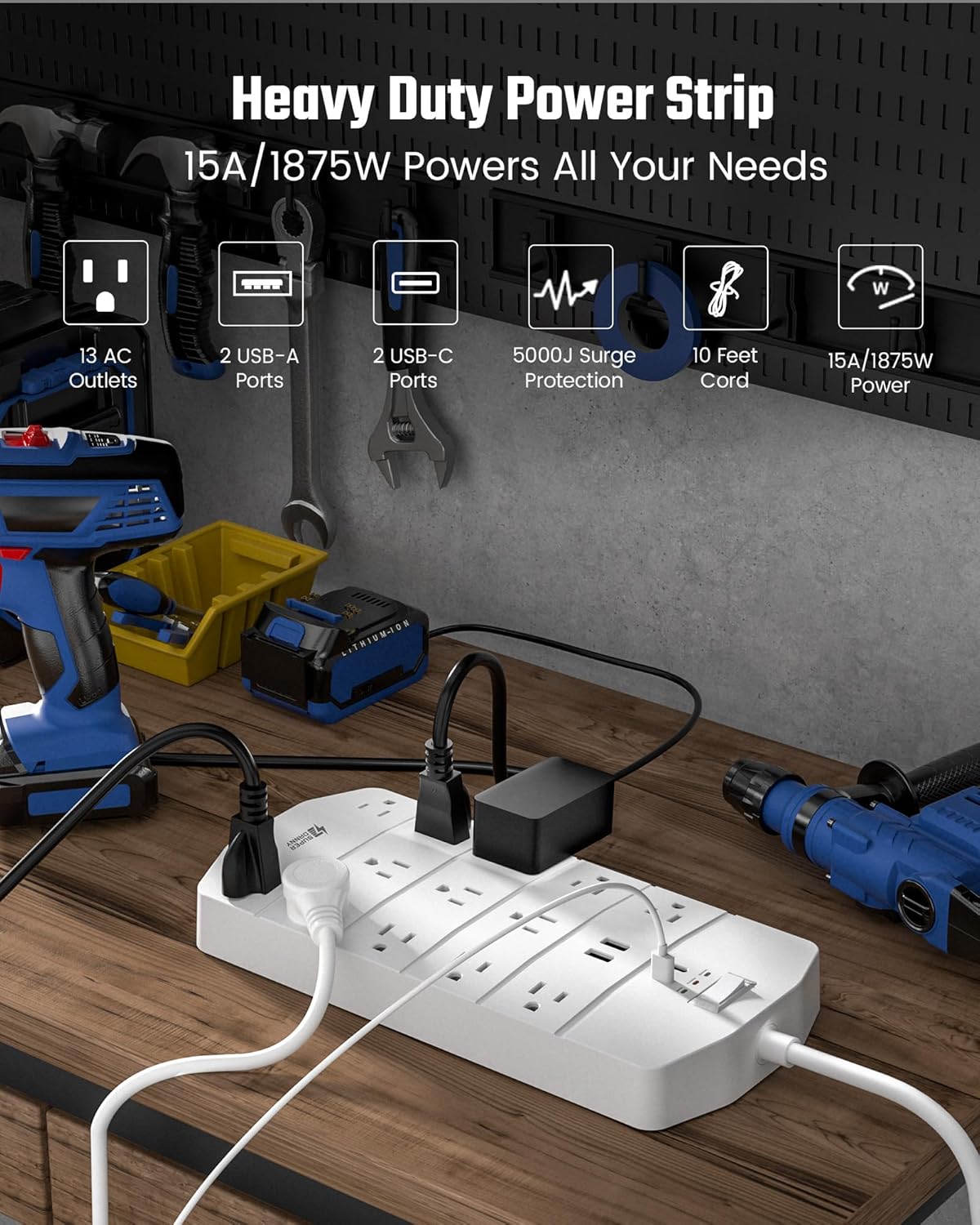 Power Strip,SUPERDANNY 5000 Joules Surge Protector with 13 AC Outlets 2 USB-A & 2 USB-C PD 20W Fast Charging Heavy Duty 14AWG/3C Industrial Grade 10ft Extension Cord for Workbench Home Office White