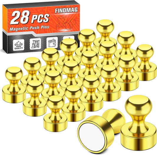 FINDMAG 28 PCS Refrigerator Magnets, Strong Whiteboard Magnets, Gold Magnetic Push Pins for Fridge, Whiteboard, Office, Classroom, Map, Kitchen