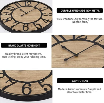 Maxstar Wall Clock Silent Bronze Rustic Farmhouse Metal & Wood with Arabic Numeral, Battery Operated Wall Clocks Decorative for Living Room Bedroom Office Home Decor 13inch