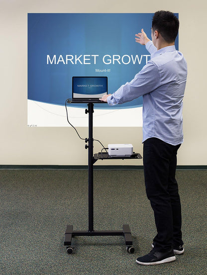 Mount-It! Mobile Projector and Laptop Stand (2 Shelves), Rolling Cart with Ventilated Tray, Heavy Duty, Height Adjustable Laptop and Projector Presentation Trolley, Black