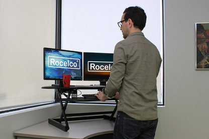 Rocelco 46" Height Adjustable Corner Standing Desk Converter with Anti Fatigue Mat BUNDLE, Quick Sit Standup Dual Monitor Riser, Computer Workstation-Keyboard Tray, (R CADRB-46-MAFM), Black