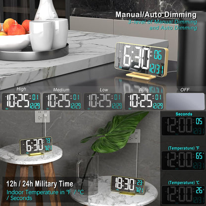 KOSUMOSU Dual Alarm Clock 6.7in Gold Desk Clock with Dimming, 12/24h, Seconds, Date, Day of Week, Temp, Digital LED Clock for Bedroom, Digital Calendar Clocks for Living Room Gold Desk Accessories