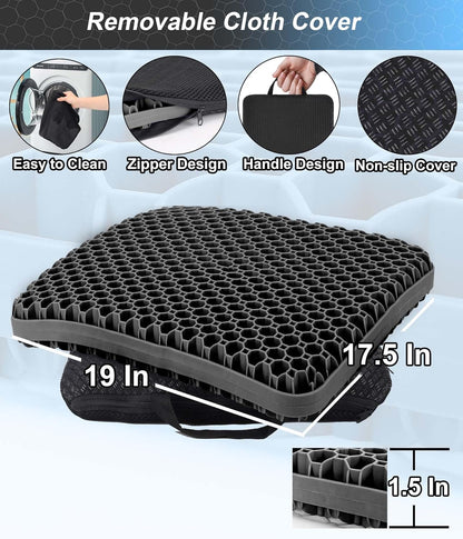Seat Cushion, Gel Seat Cushion for Long Sitting– Back, Sciatica, Tailbone Pain Relief Pad, 19in Seat Pad for Car, Office Chair, Wheelchair, Soft Support for Long Trips