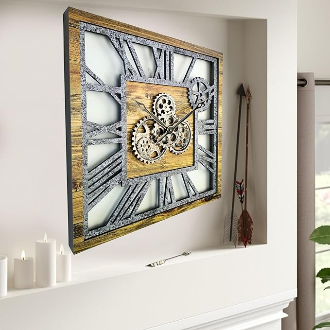 ImprovingLife The Gears Clock 24'' Inch Square Real Moving Gear Wall Clock Vintage Industrial Oversized Rustic Farmhouse (Wood and Stone)