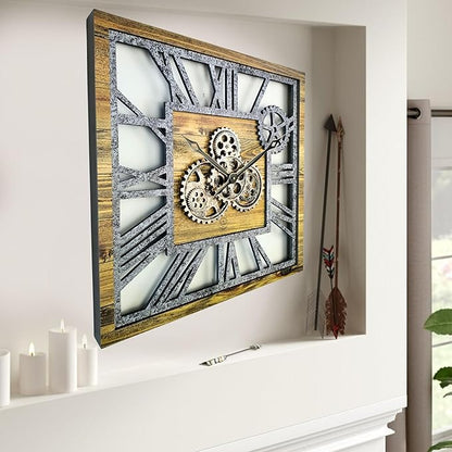 ImprovingLife The Gears Clock 24'' Inch Square Real Moving Gear Wall Clock Vintage Industrial Oversized Rustic Farmhouse (Wood and Stone)