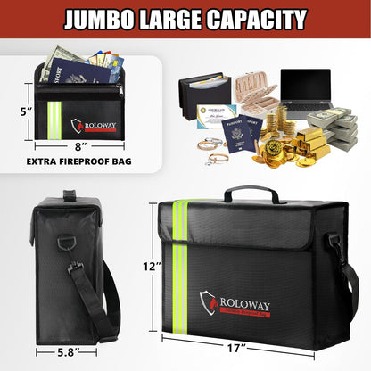 ROLOWAY Large Fireproof Bag 5200°F Heat Insulated (17 x 12 x 5.8 inches) with Reflective Strip, Fireproof Document Bag with Fireproof Money Bag for Cash Safe, Fireproof Safe Bag for Document Safe