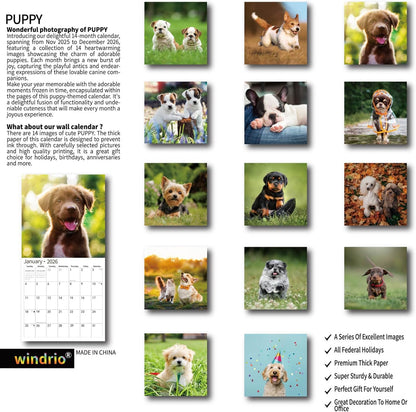 2026 Wall Calendar,Calendar 2026, November 2025 - December 2026, Wall Calendar Puppy Dog, 12" x 24" Opened,Full Page Months Thick & Sturdy Paper for Calendar Organizing & Planning