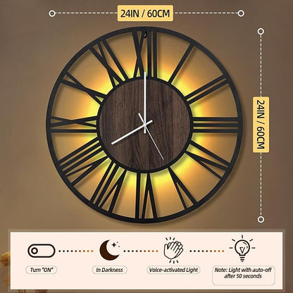 LEIKE Large LED Wall Clocks,Silent,Non Ticking,Battery Operated Rustic Round Modern Big Wood Wall Clock for Living Room, Bedroom,Kitchen,Farmhouse,Office,Home Decor -24" Black,LED,Roman Number