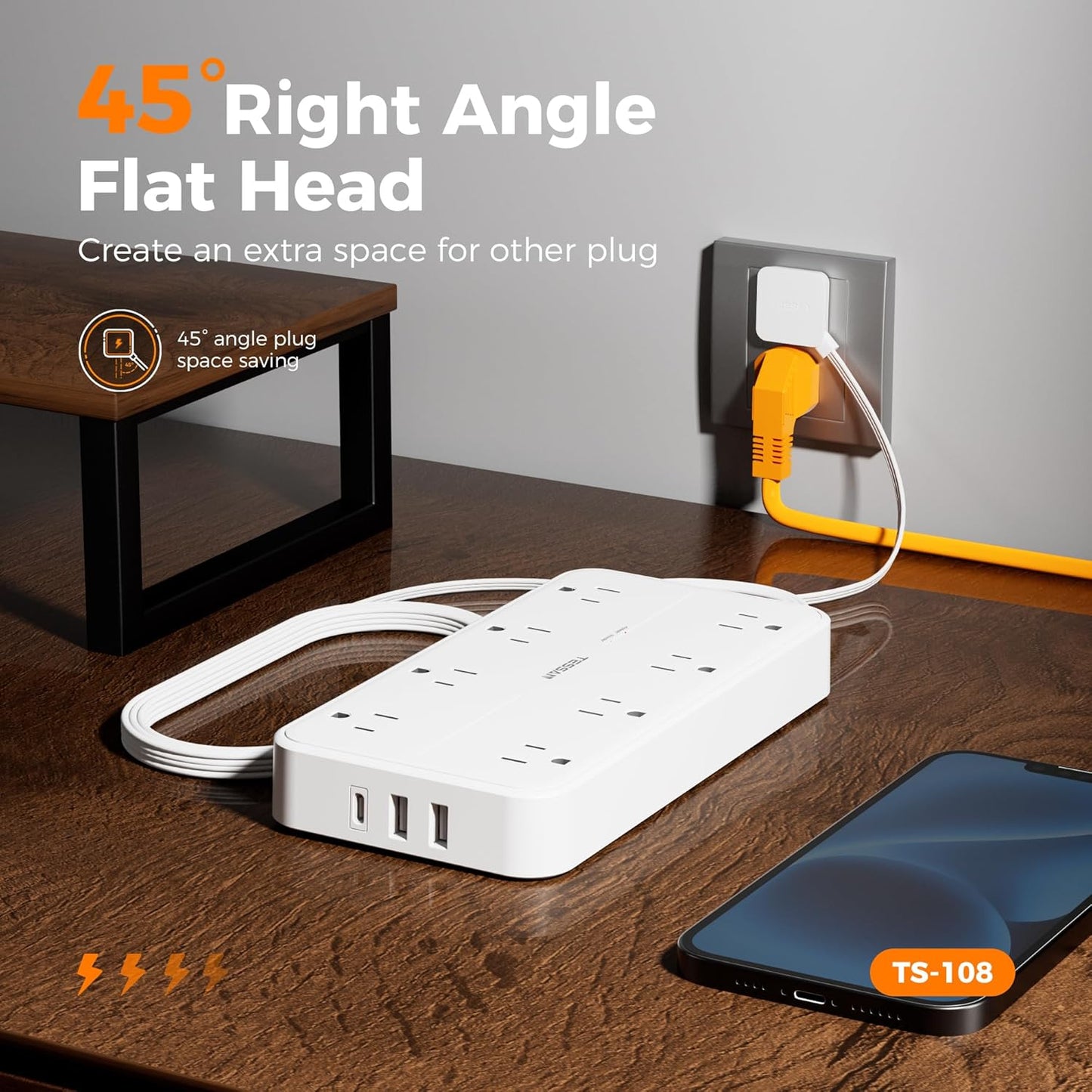 Power Strip with Surge Protection, TESSAN Flat Plug Extension Cord with 8 Outlets 3 USB Ports(1 USB C), 1080 Joules, 6 Ft, Wall-Mounted Charging Station for Apartment Office Dorm Room Essentials