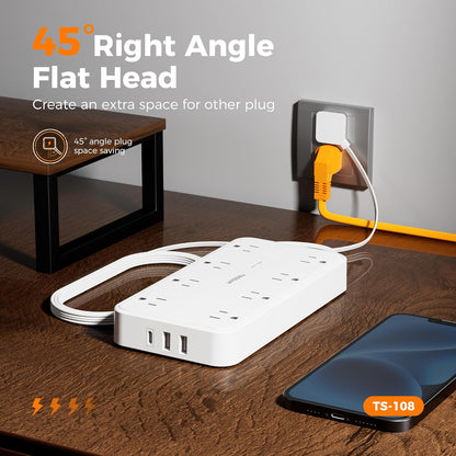 Power Strip with Surge Protection, TESSAN Flat Plug Extension Cord with 8 Outlets 3 USB Ports(1 USB C), 1080 Joules, 6 Ft, Wall-Mounted Charging Station for Apartment Office Dorm Room Essentials