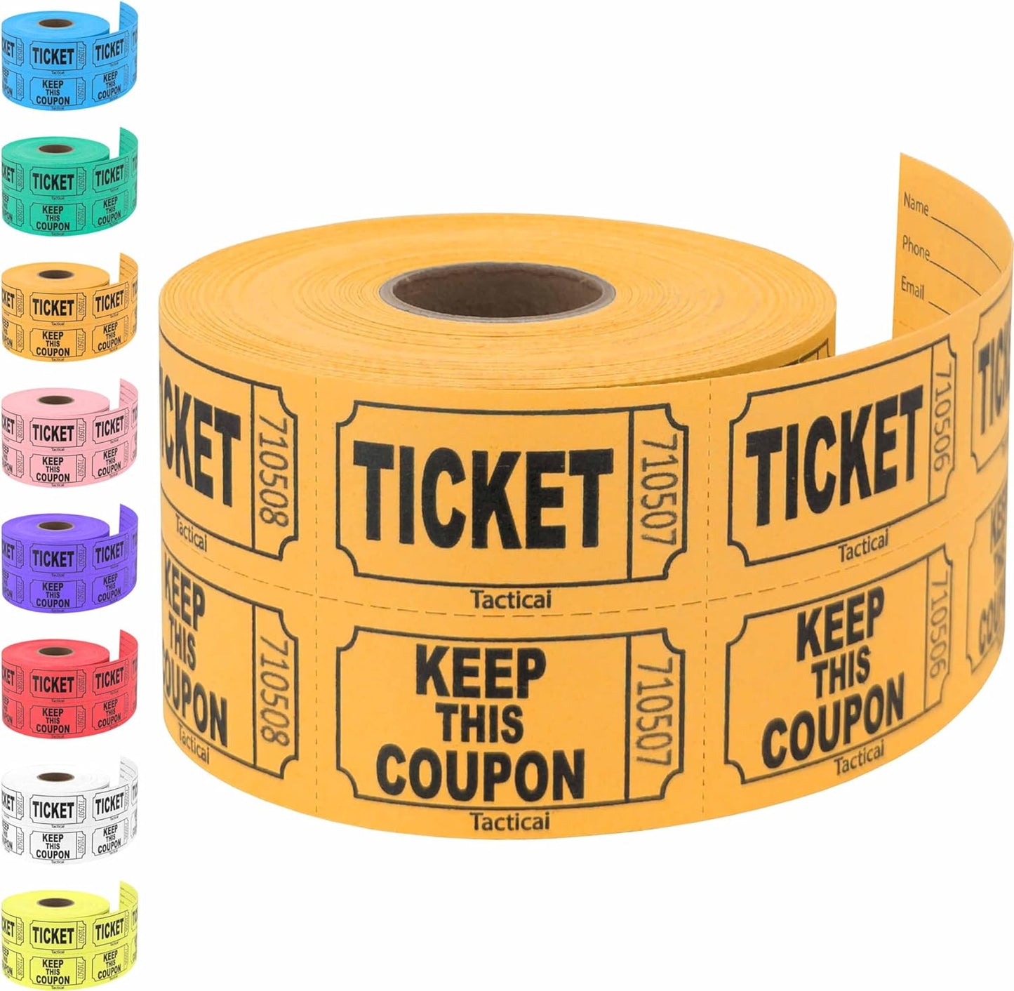 Tacticai 500 Raffle Tickets, Orange (1 of 8 Colors), Double Roll, Ticket for Events, Entry, Class Reward, Fundraiser & Prizes