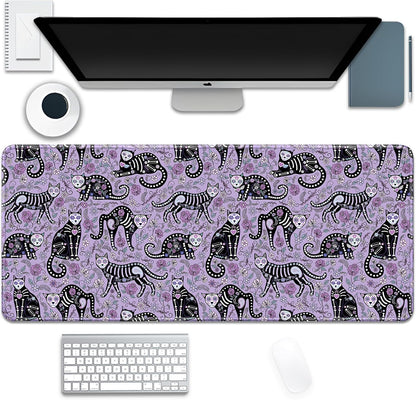 Gothic Cat Skeleton Flowers Mouse Pad,Extended Cat and Floral Mousepad Desk Pad with Stitched Edges,Non-Slip Waterproof Rubber Base Mouse Mat for Office Computer Keyboard Laptop Home(27.5x11.8 in)
