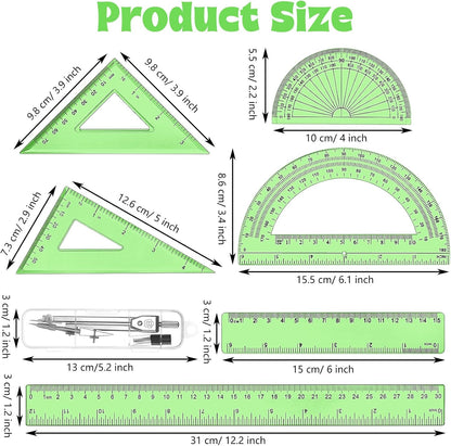 Zonon 1 Set Plastic Geometry Math Set Includes Drawing Compass, 6 Inch 4 Inch Protractor, 45/60 Degree Triangle Rulers 12 Inch 6 Inch Math Ruler Transparent for Office Supplies(Green)
