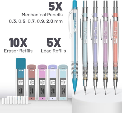 Mr. Pen- Pastel Mechanical Pencil Set with Black Lead and Eraser Refills, Clear Barrel, 0.3, 0.5, 0.7, 0.9, 2mm, Pastel Mechanical Pencils, Cute Mechanical Pencil Set, Aesthetic Mechanical Pencils