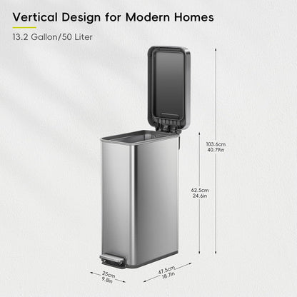 EKO Hudson Slim 50L / 13.2 Gallon Kitchen Trash Can with Lid, Stainless Steel Step Garbage Can for Kitchen or Home, Space-Saving Garbage Can with Soft Close Lid, Stay-Open, Liner Ring, Handle