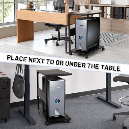 PC Stand Computer Tower Stand 2-Tier Metal CPU Holder with Locking Caster Wheels Suitable for Most PC (Black, L)