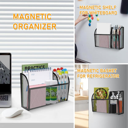 Magnetic Pencil Holder-Magnetic Basket for Fridge 3-Grid Mesh Magnetic Pen Holder for Refrigerator, Extra Strong Magnets Mesh Marker Holder Locker Accessories Organizer for Whiteboard