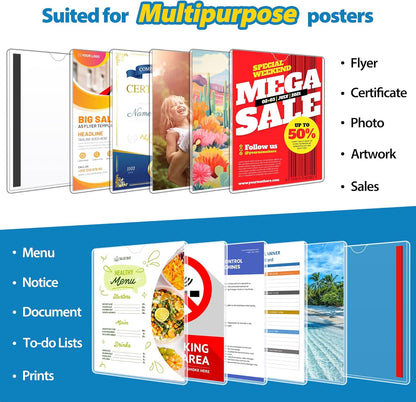 10 Pack Magnetic Sign Holder 8.5 x 11 - Plastic Wall Sign Holder with Magnet and Adhesive Tape - Magnetic Display Frame - Adhesive Plastic Frame Rigid Print Protectors Document Poster Holders