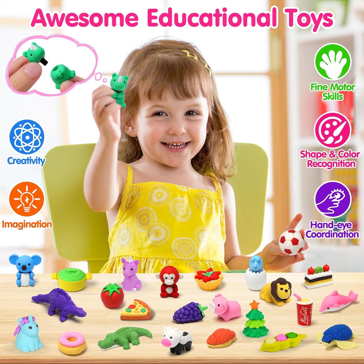 Arscniek 140 Pack Animal Erasers for Kids, Take Apart Mini Pencil Erasers, Desk Pets & Treasure Box Toys, Bulk Party Favors, Stocking Stuffers, Classroom Prizes, School Supplies, Gift for Boys & Girls