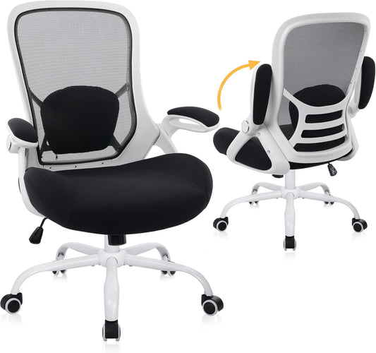 HYLONE 400lbs Heavy Duty Office Chair, 5" Thickened Seat Ergonomic Desk Chair with Adjustable Armrests, Home Office Computer Chairs for Long Hours Mesh Executive Chair(White Base&Black)