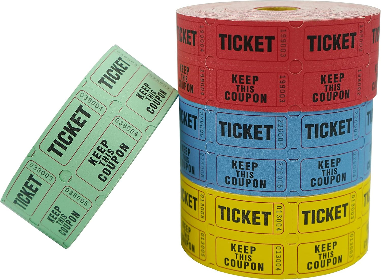 DNB 4000 Pairs Raffle Tickets - 4 Color Set of 1000 2 x 2 Inch 50/50 Double Roll Raffle Tickets - Blue/Yellow/Red/Green
