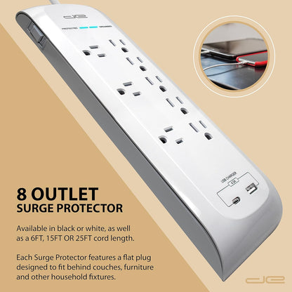 Digital Energy 25 FT USB-C and USB-A 8 Outlet 4200 Joules Surge Protector Power Strip, 3 Wide Spaced Outlets, White